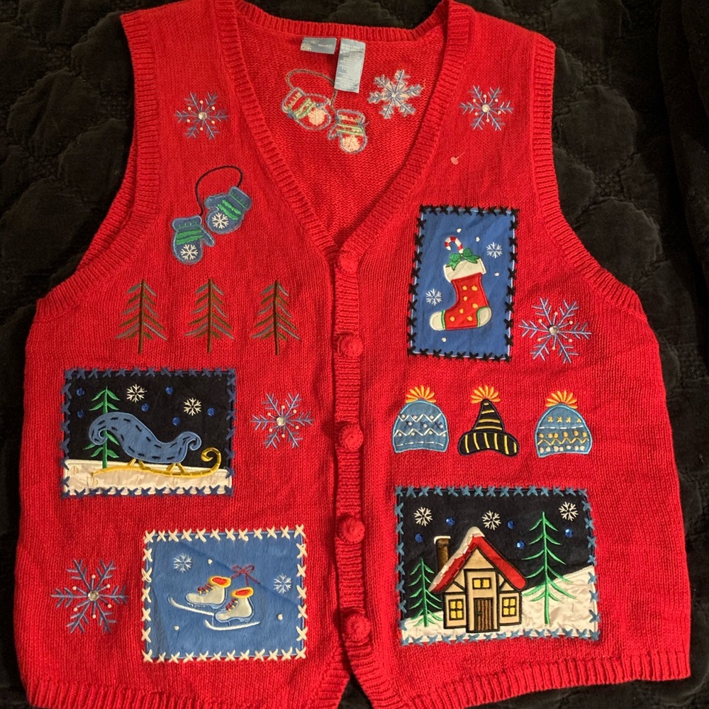 Red Embellished Patch Ugly Christmas Holiday Knit Sweater Cardigan Vest